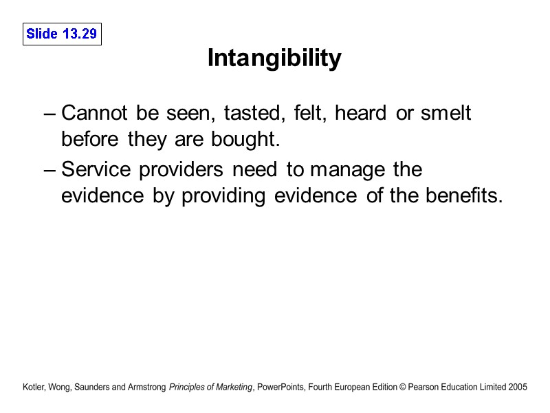 Intangibility  Cannot be seen, tasted, felt, heard or smelt before they are bought.